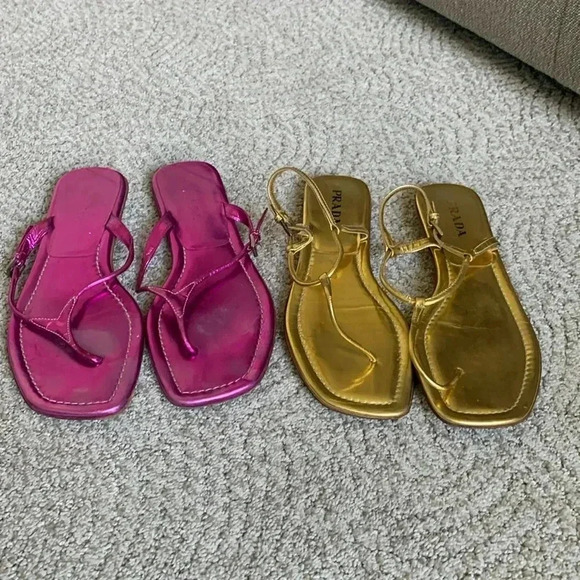 Two pairs Prada, flat metallic sandals - Picture 1 of 14